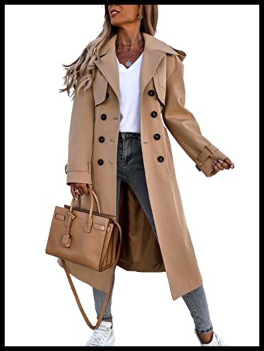 Women's Long Trench Coat Double Breasted Windproof Classic Overcoat